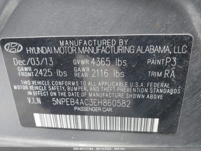 5NPEB4AC3EH860582 Hyundai SONATA GLS
