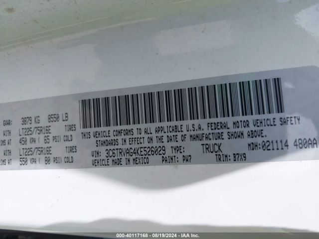 3C6TRVAG4KE526029 RAM Promaster 1500 Low Roof 136 Wb
