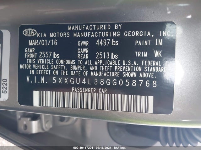 KIA OPTIMA EX 2016 5XXGU4L38GG058768 Image 9