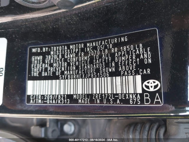 Toyota COROLLA LE 2018 5YFBURHEXJP851506 Image 9