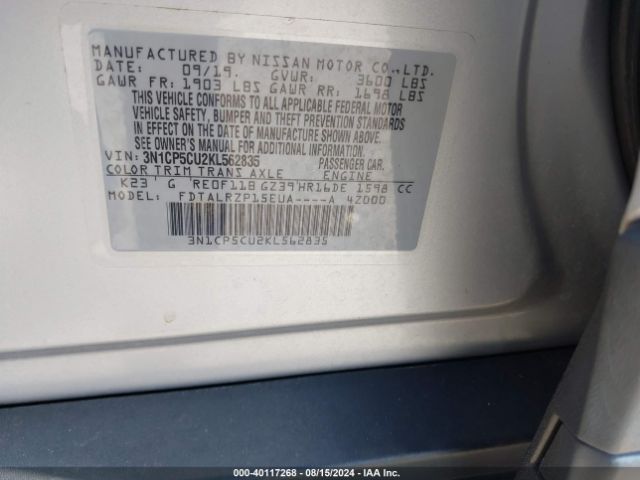 3N1CP5CU2KL562835 Nissan KICKS S