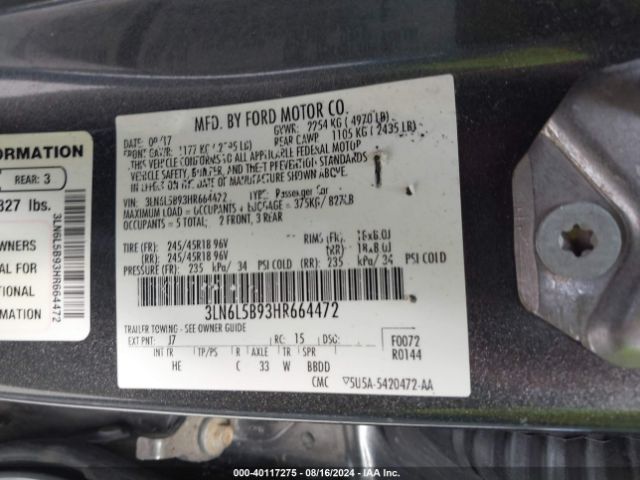 3LN6L5B93HR664472 Lincoln Mkz Premiere
