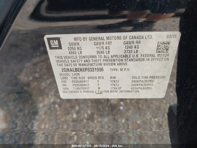 Chevrolet EQUINOX 1LT 2015 2GNALBEK6F6331996 Image 9