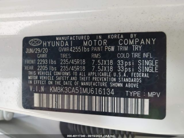 KM8K3CA51MU616134 Hyundai Kona Limited
