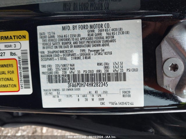 Ford FUSION SE 2017 3FA6P0H74HR282345 Image 9