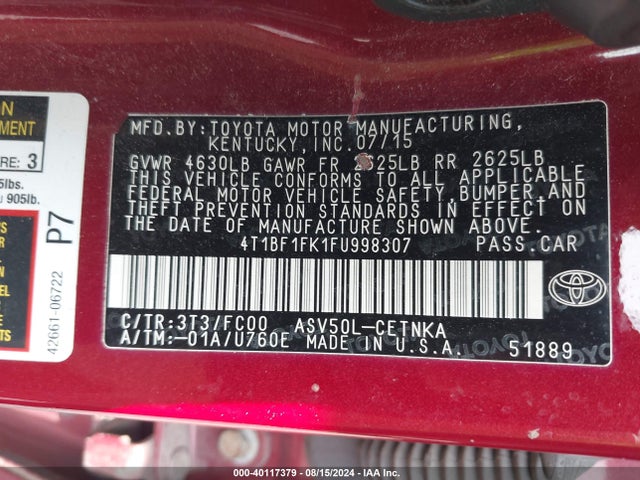 Toyota CAMRY LE 2015 4T1BF1FK1FU998307 Image 9