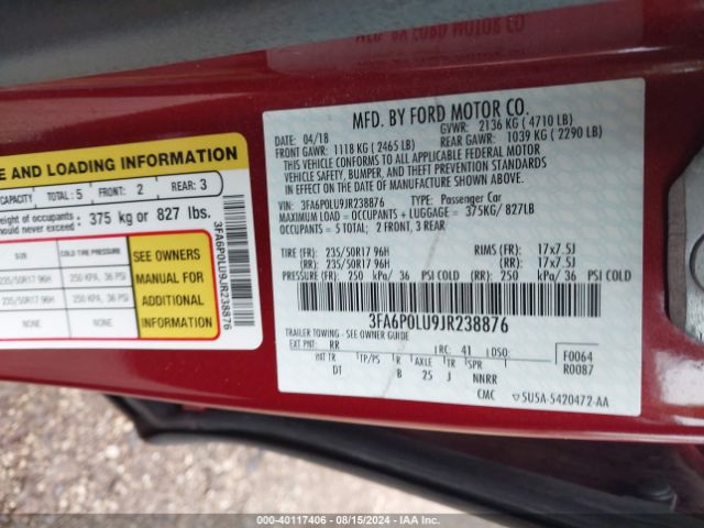 3FA6P0LU9JR238876 Ford Fusion Se Hybrid