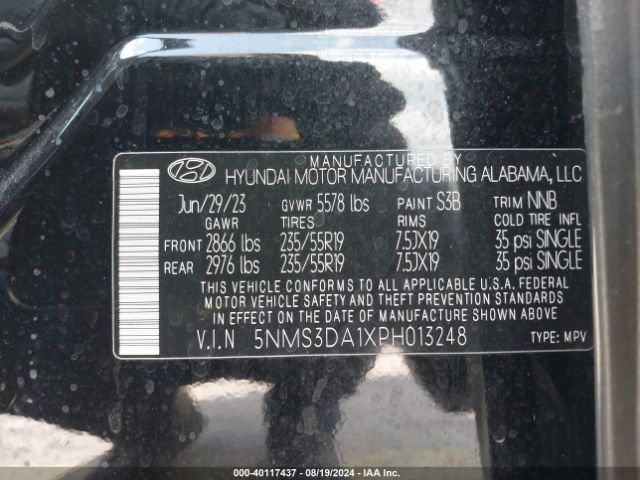 5NMS3DA1XPH013248 Hyundai Santa Fe Hybrid Sel Premium