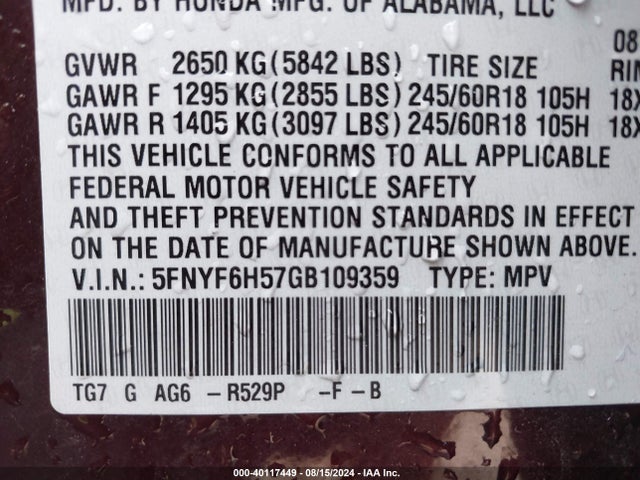 Honda Pilot Ex-l 2016 5FNYF6H57GB109359 Image 9