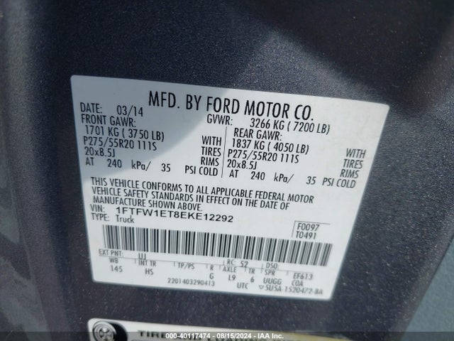 Ford F-150 Lariat 2014 1FTFW1ET8EKE12292 Image 9
