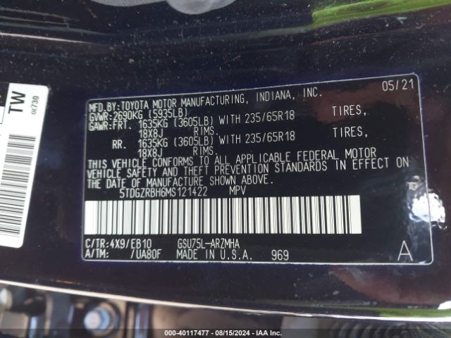 5TDGZRBH6MS121422 Toyota Highlander Xle