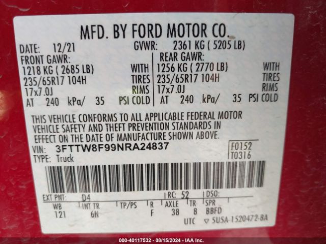 3FTTW8F99NRA24837 Ford Maverick Lariat