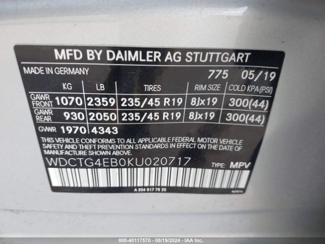 WDCTG4EB0KU020717 Mercedes-Benz GLA 250
