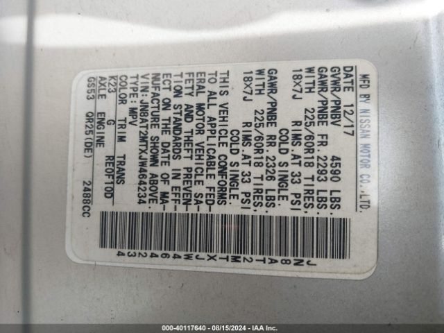 JN8AT2MTXJW464234 Nissan Rogue Sl