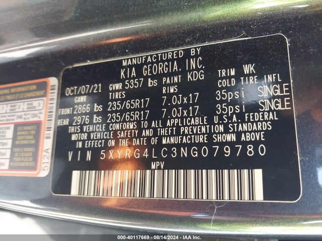 KIA SORENTO LX 2022 5XYRG4LC3NG079780 Image 9