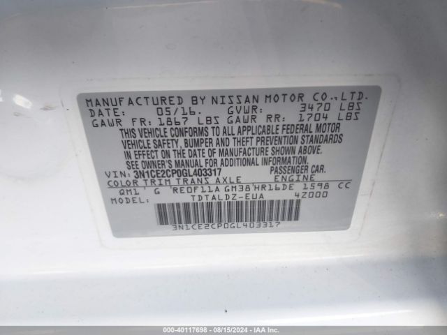 3N1CE2CP0GL403317 Nissan Versa Note S (sr)/s Plus/sl/sr/sv