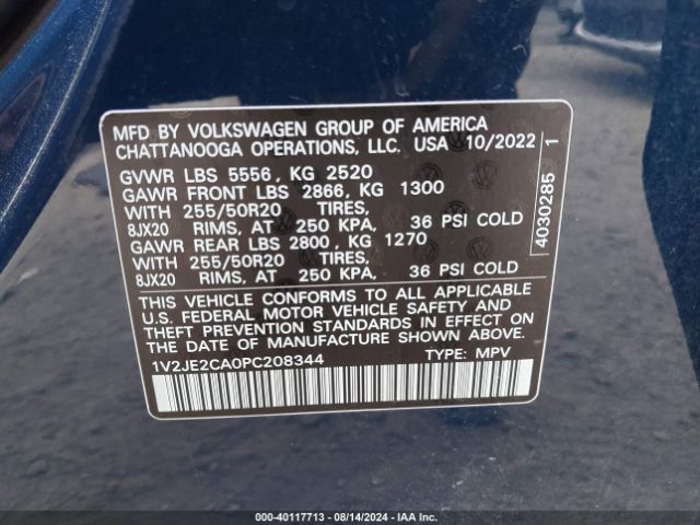 1V2JE2CA0PC208344 Volkswagen Atlas Cross Sport 3.6l V6 Se W/technology