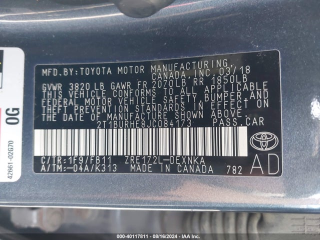 Toyota COROLLA LE 2018 2T1BURHE8JC084173 Image 9