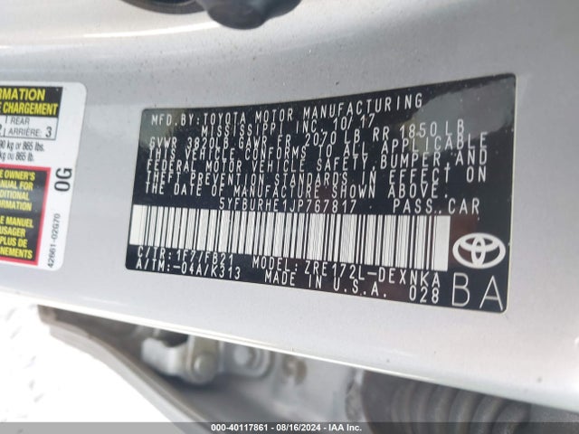 Toyota COROLLA LE 2018 5YFBURHE1JP767817 Image 9