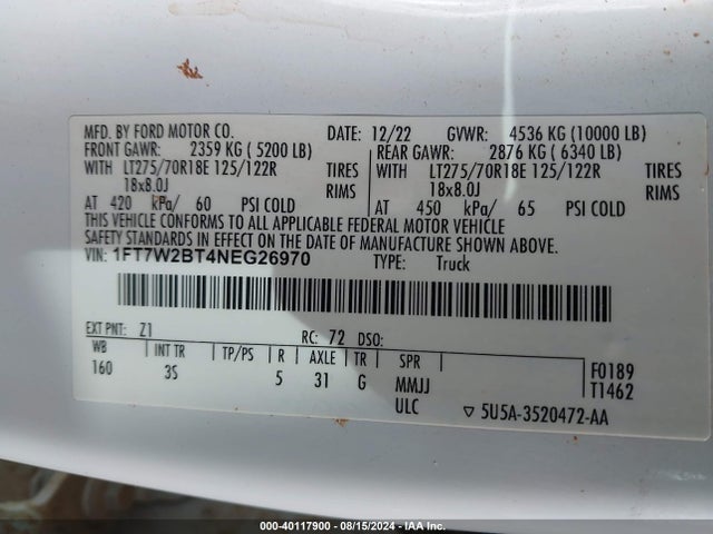 Ford F-250 Xlt 2022 1FT7W2BT4NEG26970 Image 9