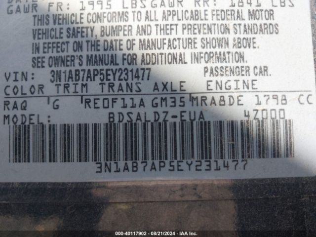 3N1AB7AP5EY231477 Nissan Sentra Fe+ S/fe+ Sv/s/sl/sr/sv
