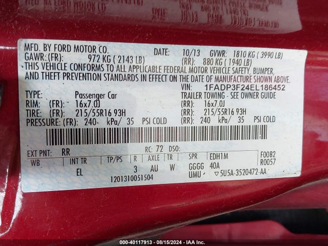 Ford FOCUS SE 2014 1FADP3F24EL186452 Image 9