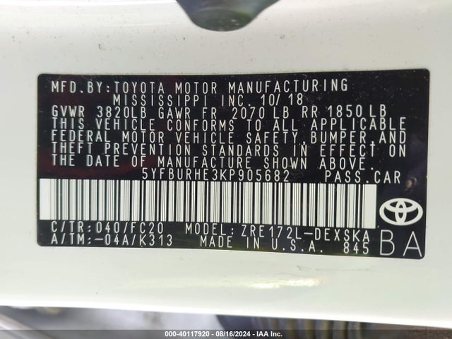 Toyota COROLLA SE 2019 5YFBURHE3KP905682 Image 9