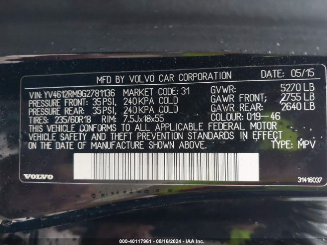 YV4612RM9G2781136 Volvo Xc60 T5 Platinum