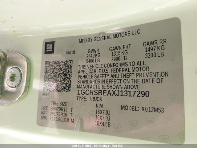 1GCHSBEAXJ1317290 Chevrolet Colorado Wt