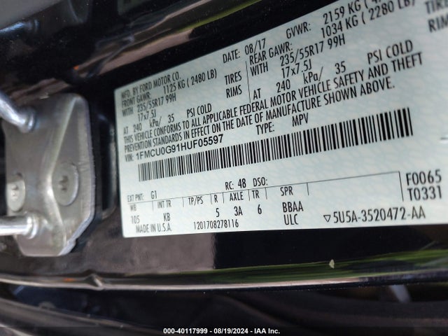 Ford ESCAPE SE 2017 1FMCU0G91HUF05597 Image 9