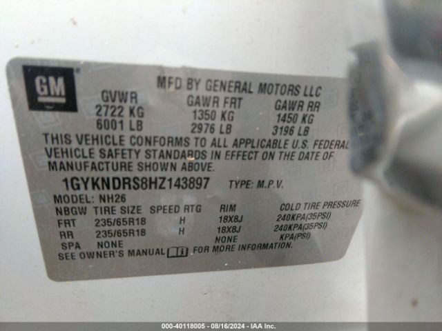 1GYKNDRS8HZ143897 Cadillac XT5 LUXURY
