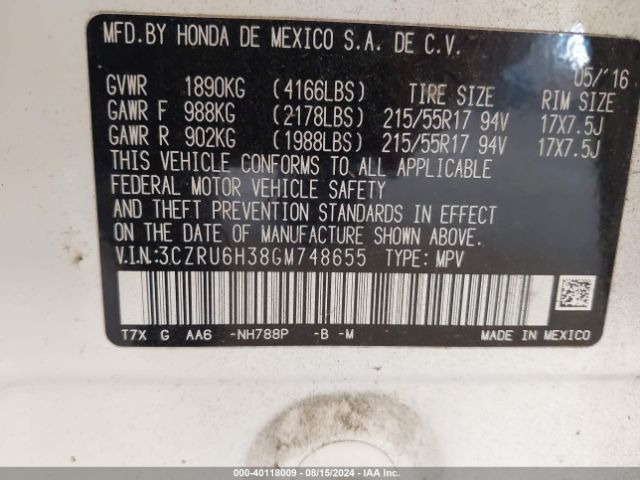 3CZRU6H38GM748655 Honda HR-V LX
