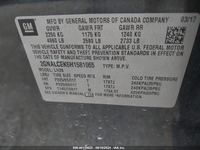 Chevrolet EQUINOX LT 2017 2GNALCEK6H1581065 Image 9