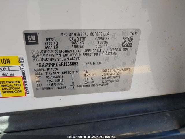 1GKKRRKD3FJ236653 GMC Acadia Slt-1