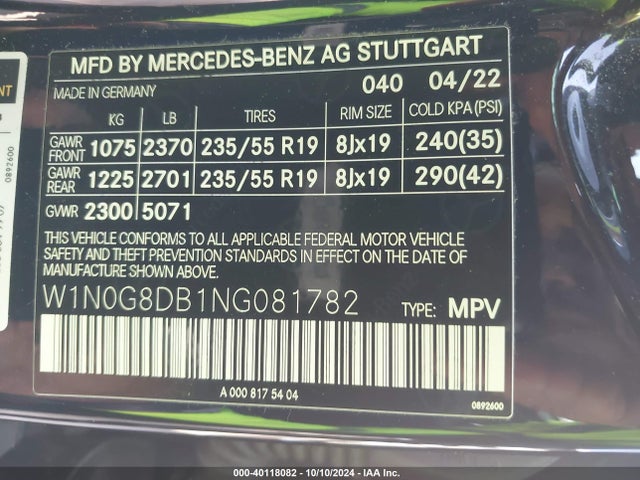 W1N0G8DB1NG081782 Mercedes-Benz Glc 300 Suv