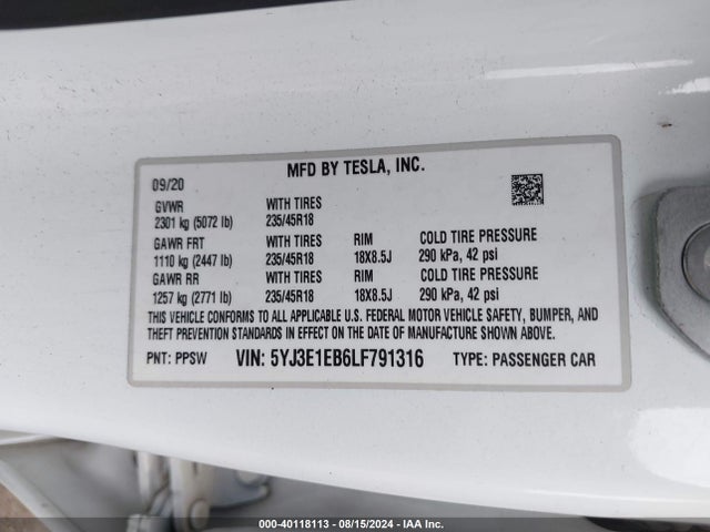 2020 TESLA MODEL 3 5YJ3E1EB6LF791316 Photo 8