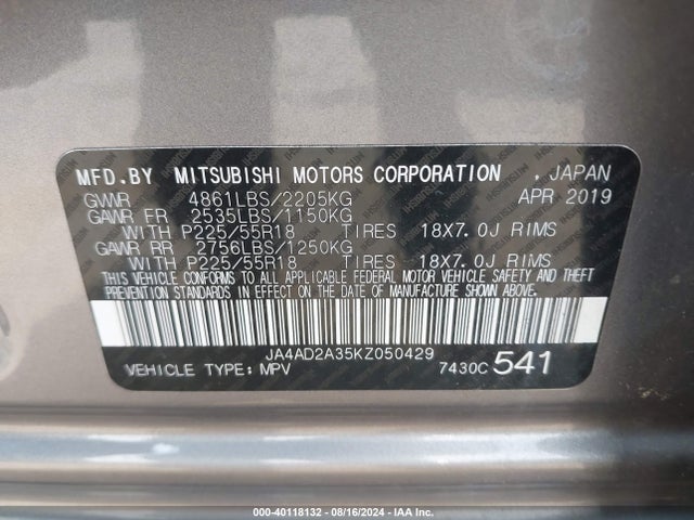 2019 MITSUBISHI OUTLANDER JA4AD2A35KZ050429 Photo 8