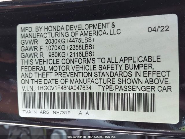 1HGCV1F48NA047634 Honda Accord Sport Special Edition