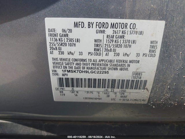 Ford EXPLORER XLT 2020 1FMSK7DH9LGC22295 Image 9