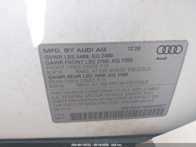 WA1BAAFY6M2038927 Audi Q5 Premium Plus 45 Tfsi Quattro S Tronic