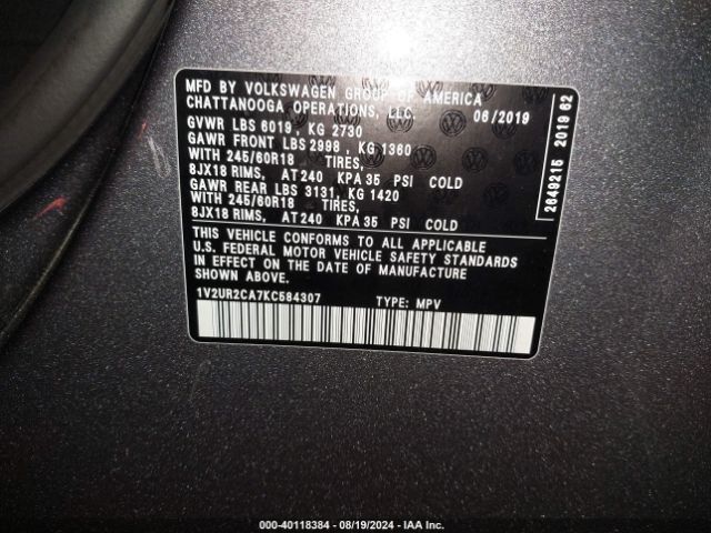 1V2UR2CA7KC584307 Volkswagen Atlas 3.6l V6 Se W/technology