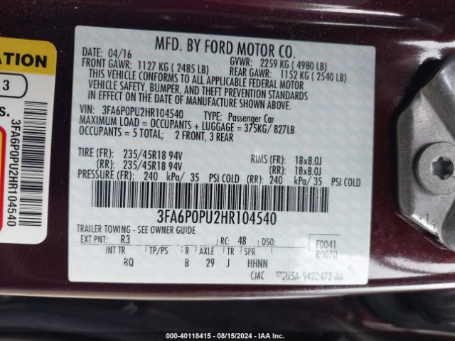 3FA6P0PU2HR104540 Ford Fusion Energi Se Luxury