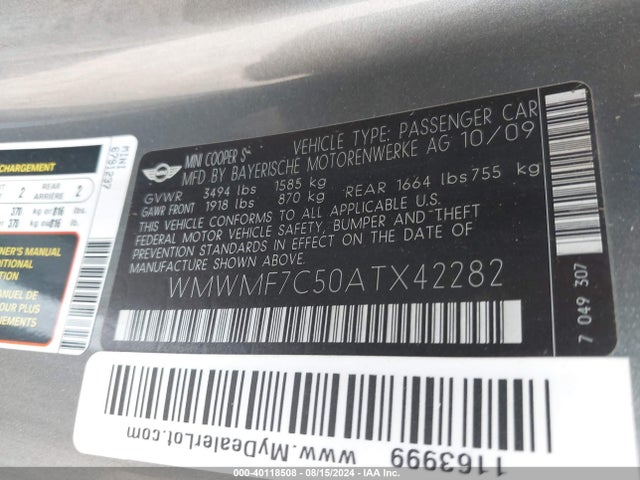 2010 MINI COOPER S WMWMF7C50ATX42282 Photo 8