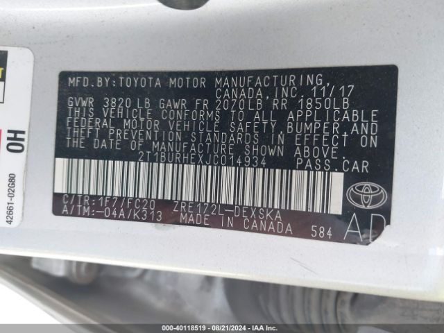 2T1BURHEXJC014934 Toyota 2zr-fe