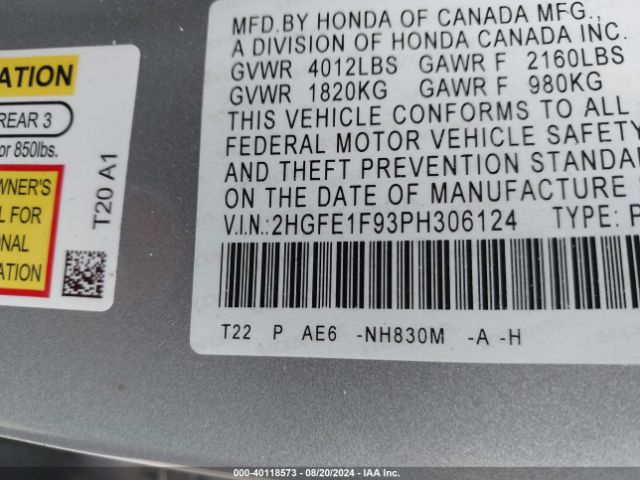 2HGFE1F93PH306124 Honda Civic Touring