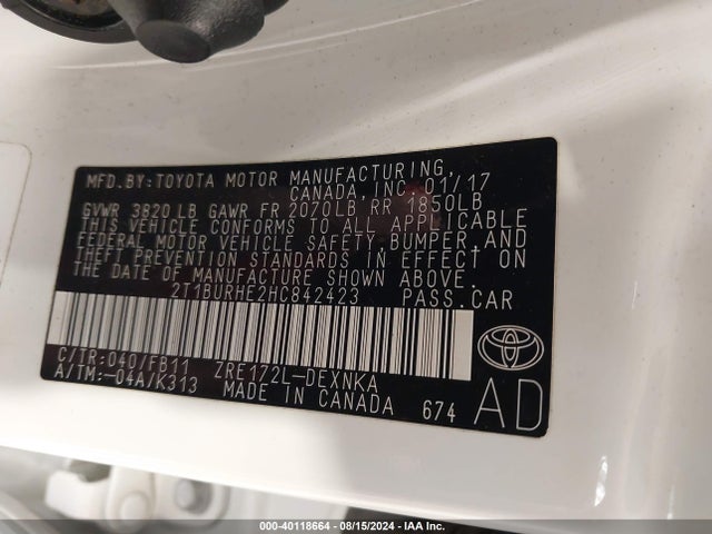 Toyota COROLLA LE 2017 2T1BURHE2HC842423 Image 9