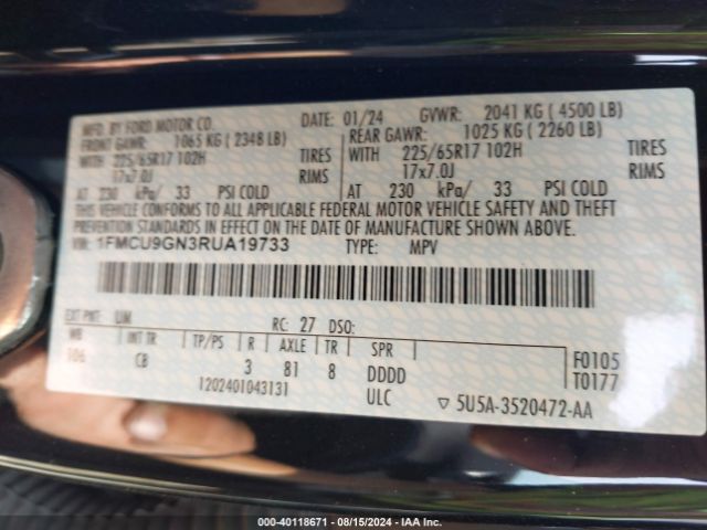 Ford Escape Active 2024 1FMCU9GN3RUA19733 Image 9
