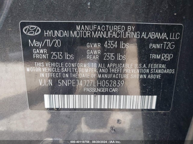 Hyundai Sonata Sel Plus 2020 5NPEJ4J27LH052839 Image 9