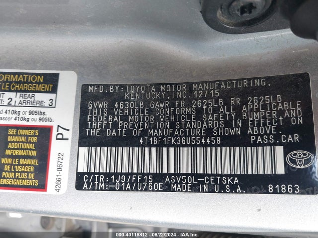 Toyota CAMRY SE 2016 4T1BF1FK3GU554458 Image 9