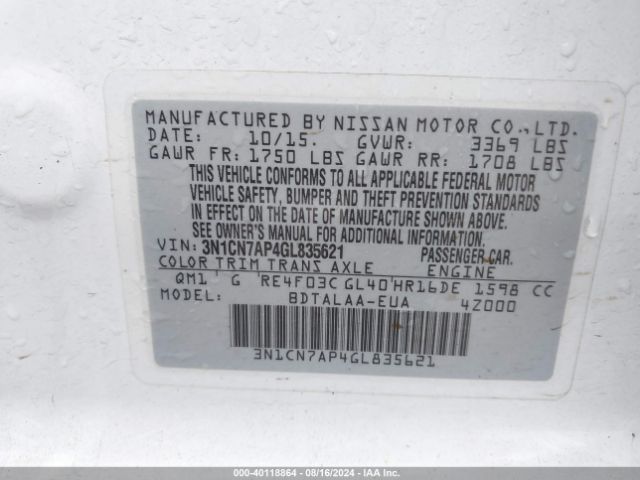 3N1CN7AP4GL835621 Nissan Versa 1.6 S